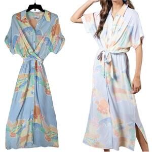 FRNCH Shirt Dress XS Blue Retro Diana Printed Lined Viscose Lightweight